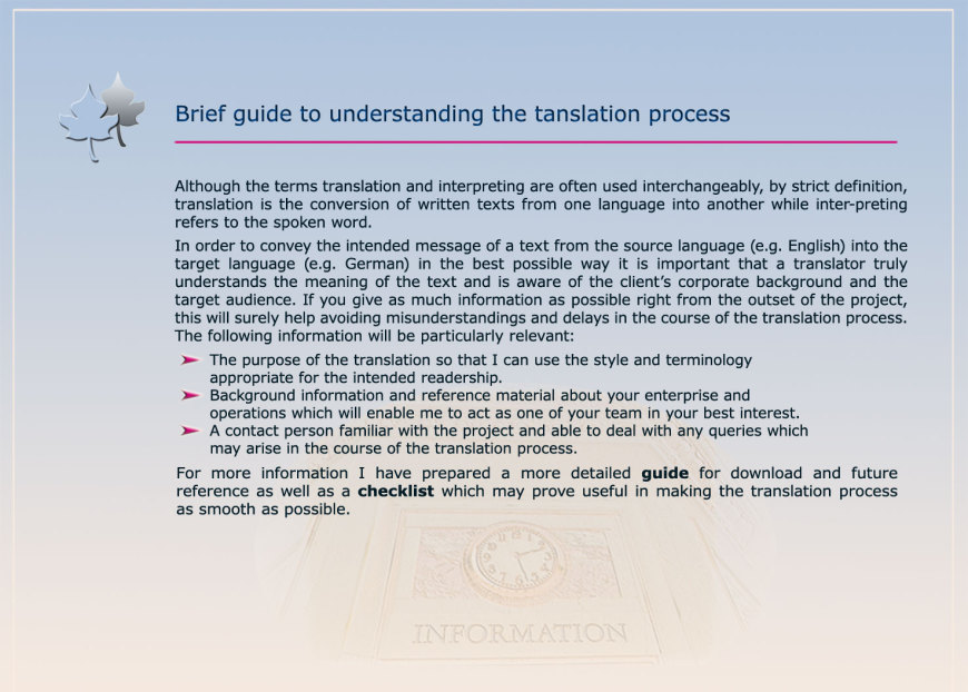 translation project, source language, target language, purpose of the translation, reference material, terminology, checklist
